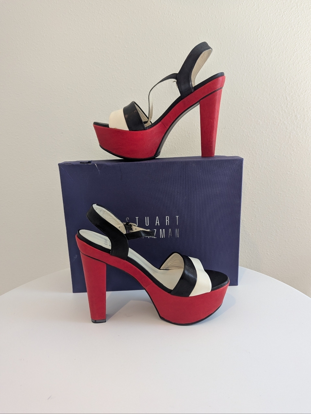 Stuart Weitzman Once Black Cream Red Platform Sandals Size 8 + Box